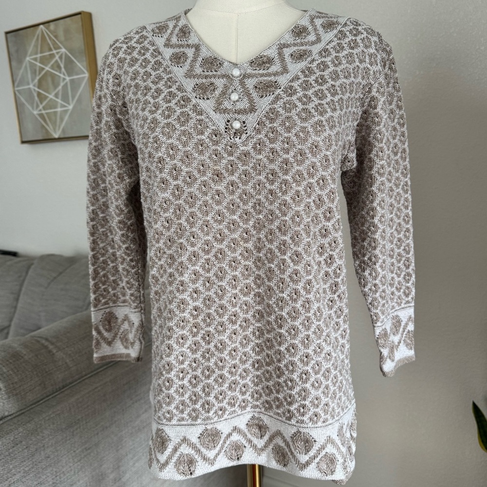 Vintage Knit Sweater S Cream Beigh V Neck Pullover 90s Retro Cottagecore Boho